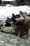 Cristin, Matt, Nick, Chelsea and the Bubbas on Lunch Rocks at Tuckerman's Ravine